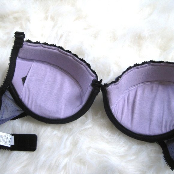 Purple Black Polka Dot Lace Padded Demi Bra Thong Set, Convertible Straps, 36B L - Picture 4 of 7